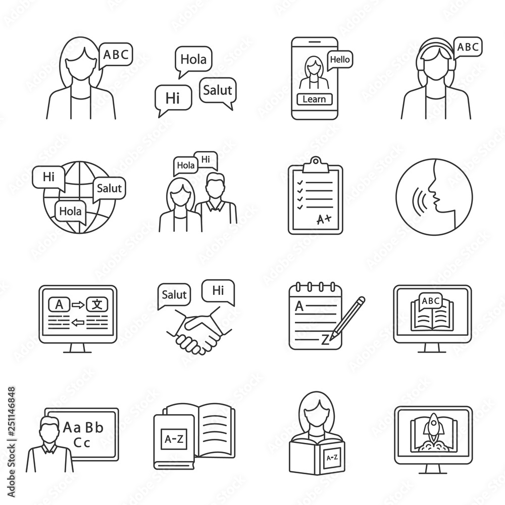 Foreign language learning linear icons set