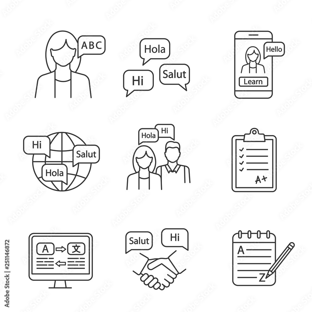 Foreign language learning linear icons set Foreign language learning linear icons set