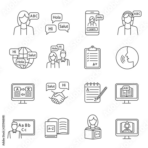 Foreign language learning linear icons set