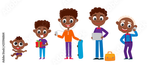 Set of cute african man in cartoon style isolated on white.