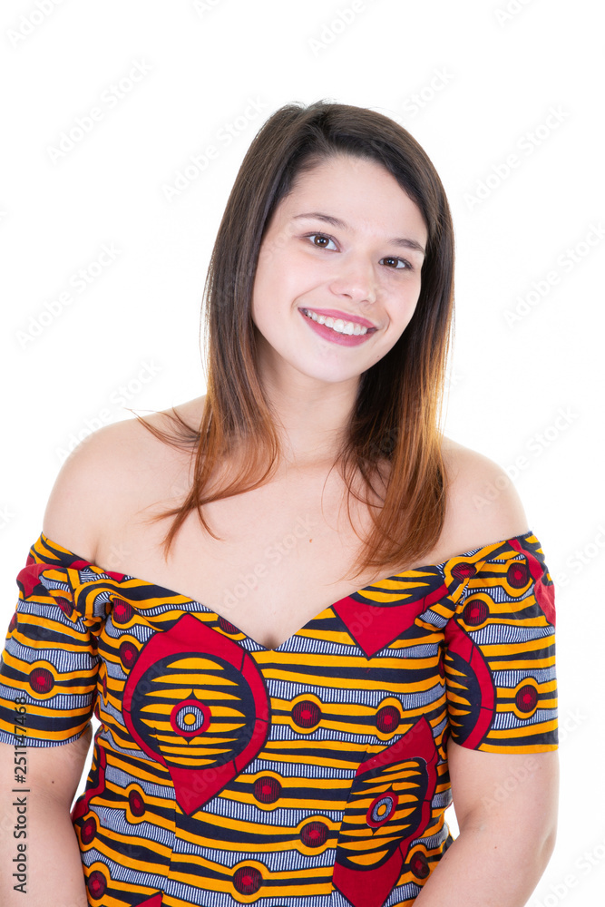 smiling pretty caucasian girl in african style clothes under white background smiling pretty caucasian girl in african style clothes under white background