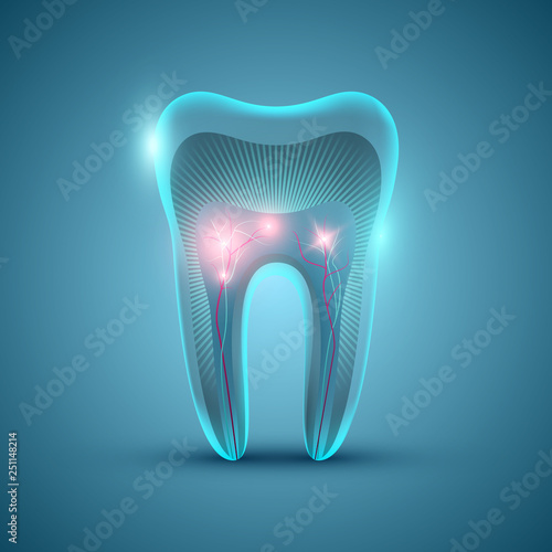 Abstract futuristic tooth structure on blue background, dental banner design