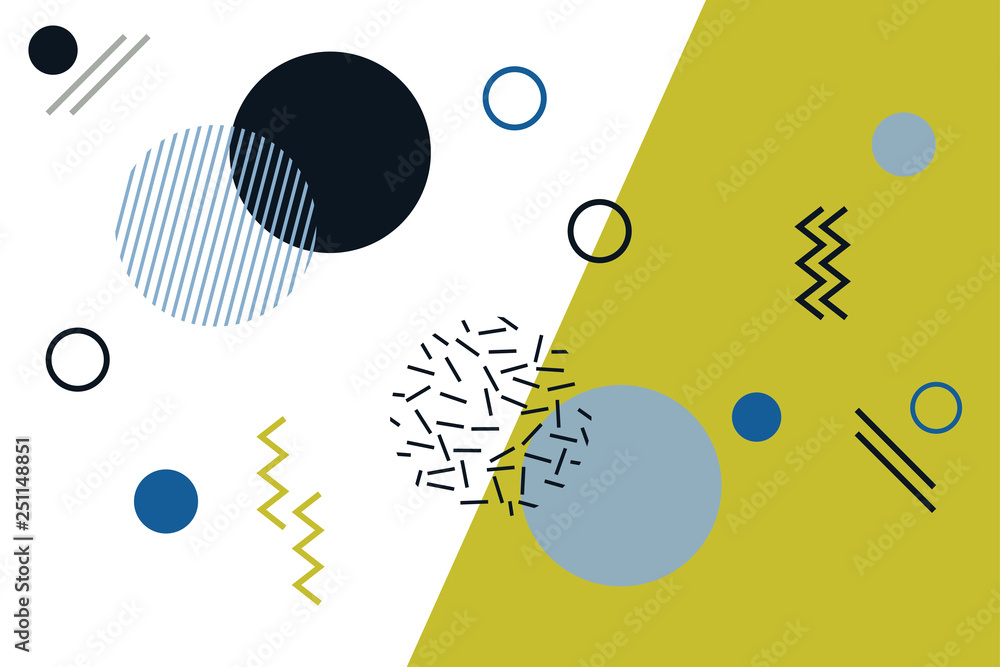 Fototapeta premium Abstract background pattern made with geometric shapes in Memphis style with bold and bright colors. Fun, playful and modern vector art.