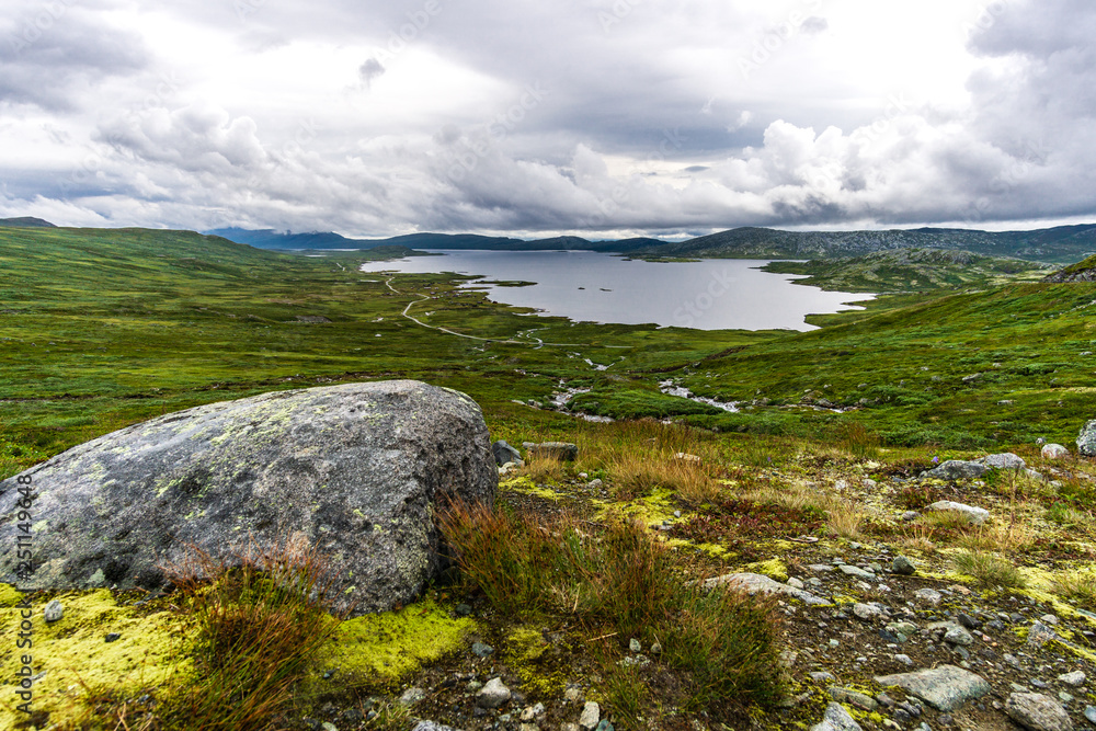 Panoramic view of norwegian lake mountains