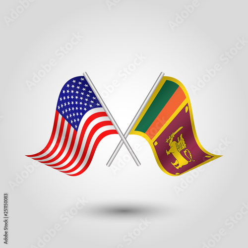 vector two crossed american and sri lankan flags on silver sticks - symbol of united states of america and sri lanka