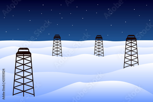 Oil rigs in winter Canada. Vector illustration.