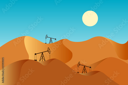 Pumpjacks in sand dunes. Vector illustration.