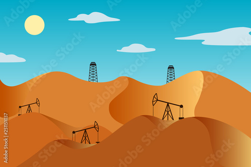 Oil rigs and horse-head oil pumps in desert. Vector illustration.