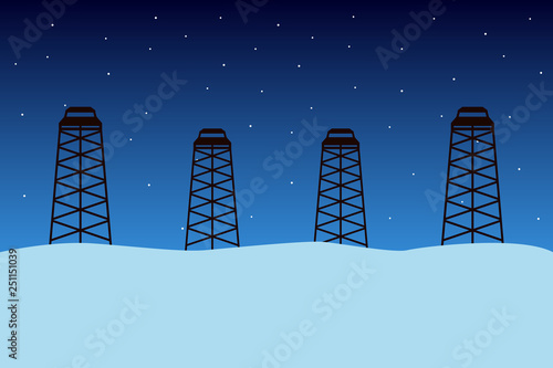 Oil derricks in winter Siberia. Vector illustration.