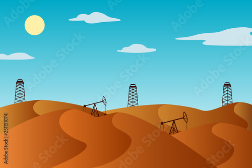Oil derricks and pumpjacks in desert. Vector illustration.