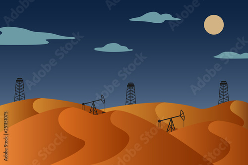 Oil derricks and pumpjacks in night desert. Vector illustration.