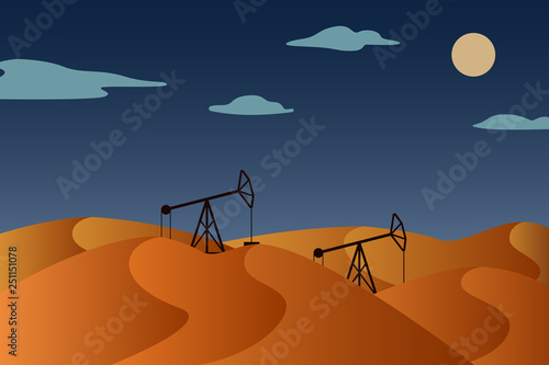 Two pumpjacks in night desert. Vector illustration.