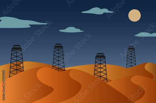 Oil derricks in night desert. Oilfield. Vector illustration.