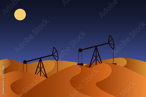 Horse-head oil pumps in night desert. Vector illustration.