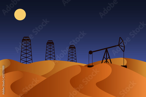 Oil rigs in a row and horse-head oil pump in night desert. Vector illustration.