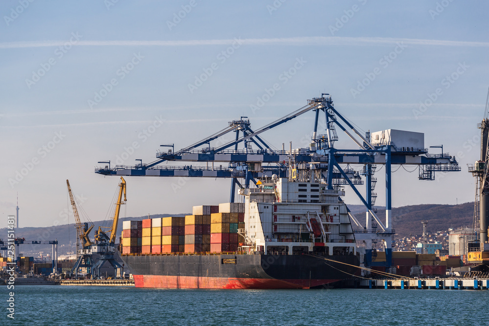 Containers on freight ship in industrial sea port for shipping and logistic, cranes and other special equipment, international commerce delivery