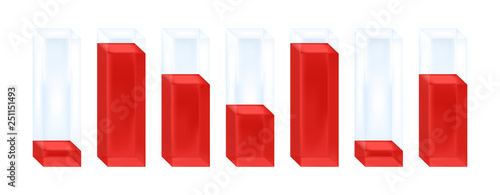 Vector business, statistical or economic infographic illustration of histogram. Seven glass columns with red liquid characterizing percentage increase or decrease. Icon is isolated on white background