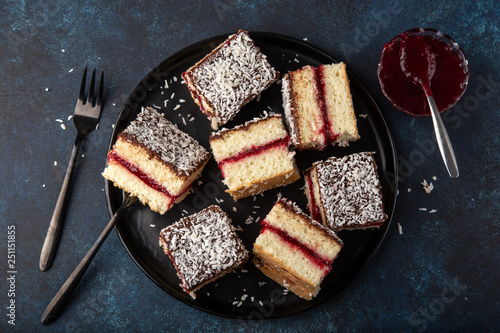 Photographie australian lamington cake with raspberry jam