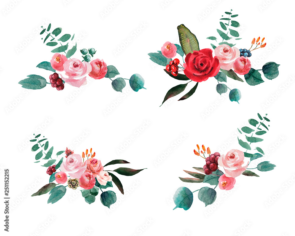 Naklejka premium Collection Wedding bridal rustic watercolor bouquet. red and pink and green flowers ornament