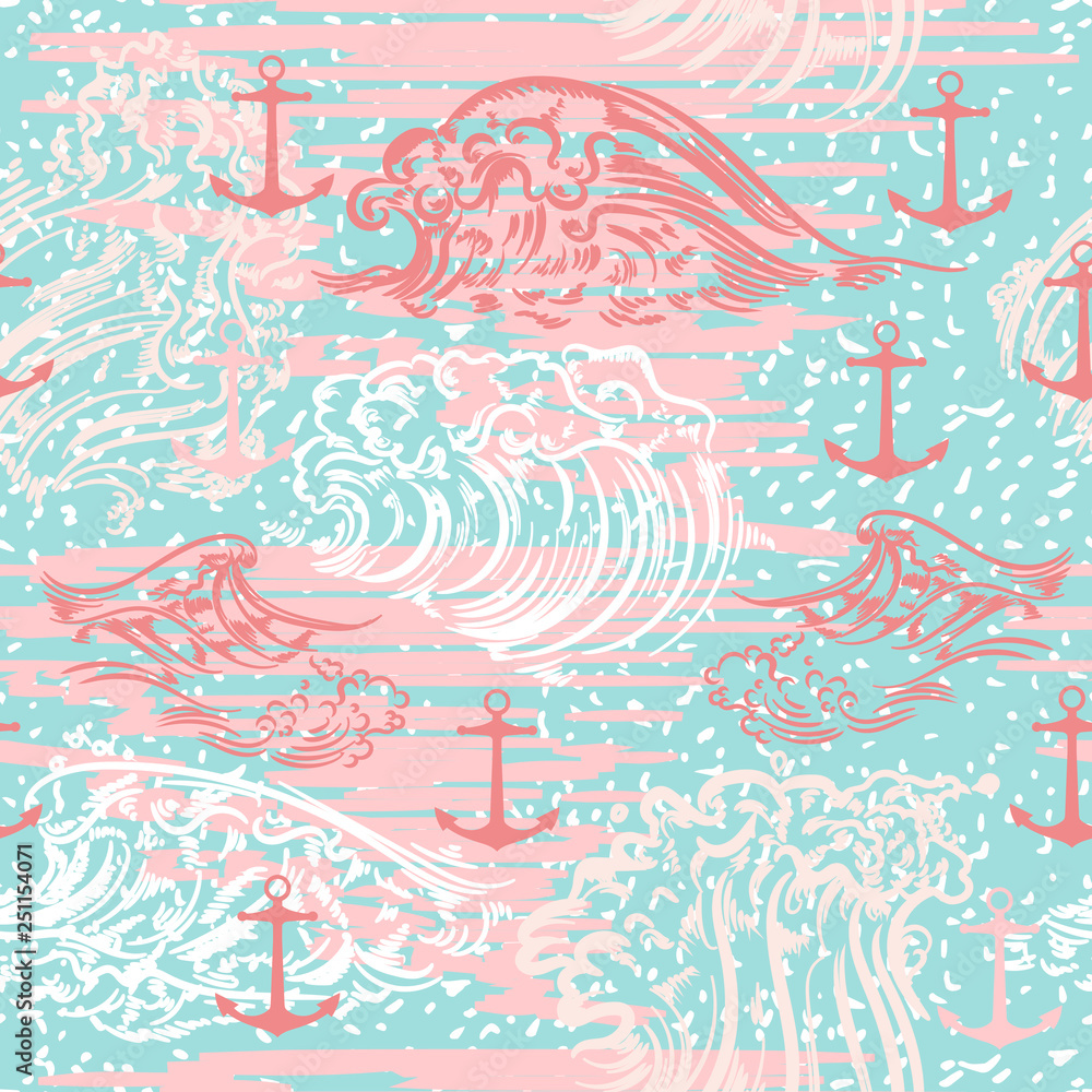 Fototapeta premium Ocean summer vector pattern with waves and anchors