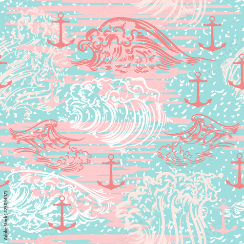 Ocean summer vector pattern with waves and anchors