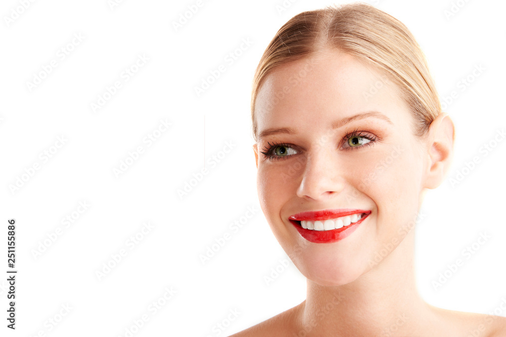 Cheerful young beautiful lady portrait at isolated white background Cheerful young beautiful lady portrait at isolated white background