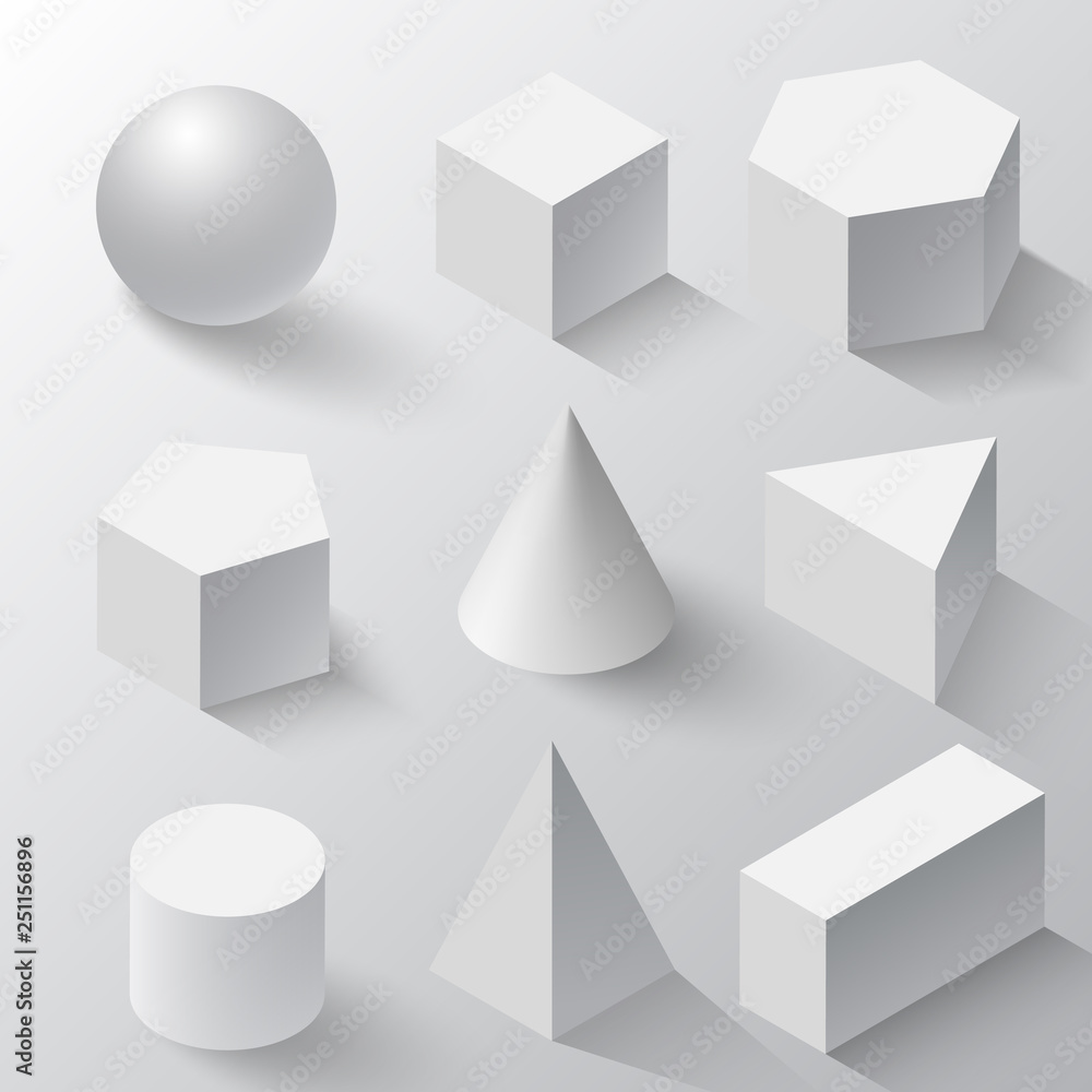 Realistic Set of basic 3d shapes. White cube, cylinder, sphere and