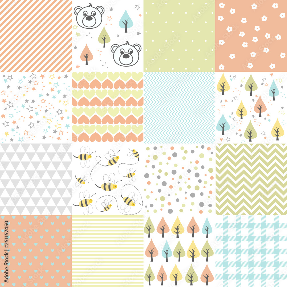 Set of design elements of baby theme seamless patterns Set of design elements of baby theme seamless patterns