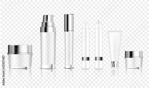 Mock up Realistic Transparent Bottle Cosmetic, Jar, Tube, Pencil for Foundation Anti-Aging Serum, Soap, Shampoo, Cream, Oil Dropper Skincare Product Packaging With Metallic Cap Background Illustration