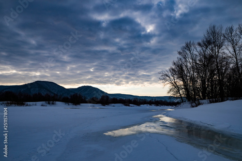 walk, mountains, trees, river, snow, ice, blocks, ice, shadow, nature, observation, sky, clouds, distance, space