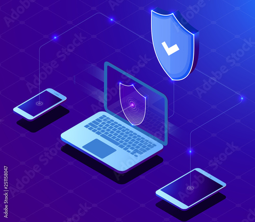 Cloud computing protect technology. Protect all devices application. Isometric illustration with tablet phone and laptop. Vector illustration.