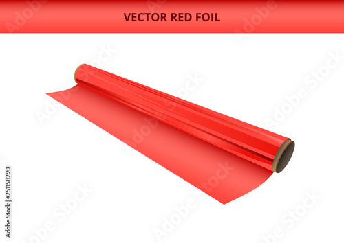 Vector illustration of open roll of plastic red foil. Packaging material, decorative, wrapping or adhesive foil, hot stamping foil or other foil. Icon is isolated on a white background.