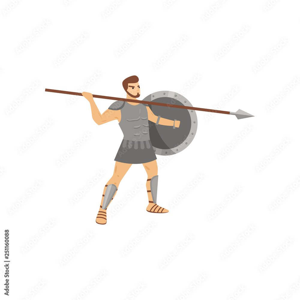 Formidable centurion with menacing look in steel armor going to throw spear isolated on white background
