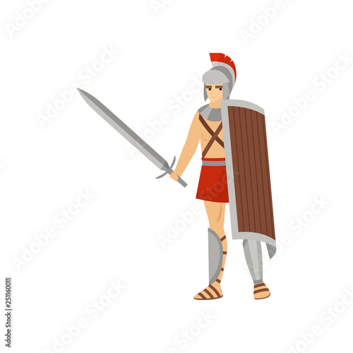 Young serious roman warrior with sword in one hand and shields in other stands isolated on white background