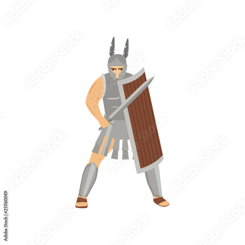Brave caucasian centurion with menacing look in steel armor isolated on white background