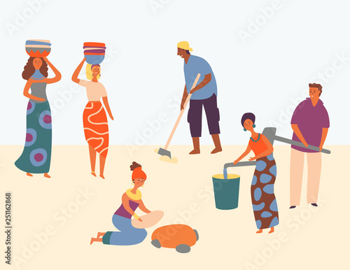 African Character Hard Working Set Design Style. Women Wear Basket on Head. Man Plows Field. People Gain Water in Bucket. Everyone Satisfied Work, Helping Community. Flat Cartoon Vector Illustration
