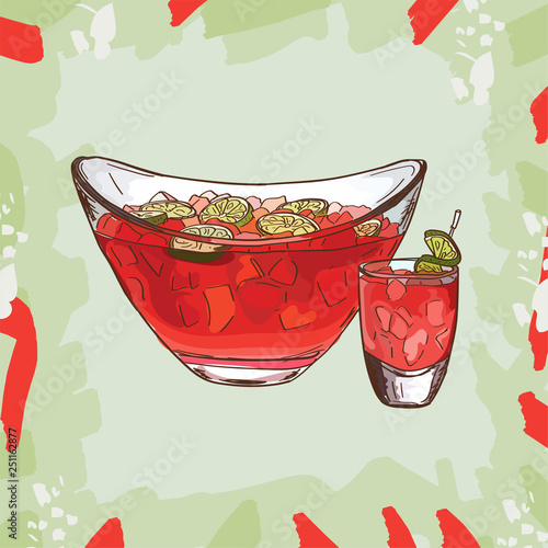 Cruchon, Pimms, Punch watermelon summer cocktail illustration. Alcoholic classic bar drink hand drawn vector. Pop art photo