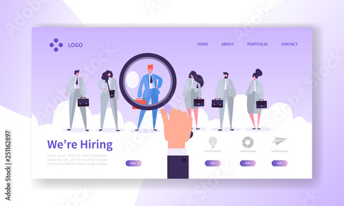 Recruitment Best Candidate Concept Landing Page. HR Searching for New Candidate. Hand Hold Magnifier Select Individual Person from Group of People Website or Web Page. Flat Cartoon Vector Illustration