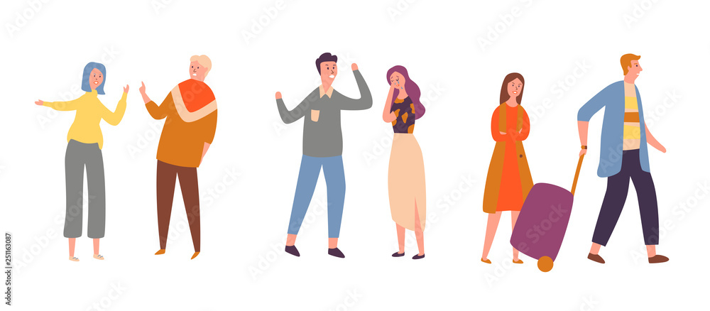 Set Couple People Angry Conflict Disagreement. Man and Woman Quarreling, Brawling, Shouting at Each Other. Unhappy Relationship Isolated on white Background Flat Cartoon Vector Illustration