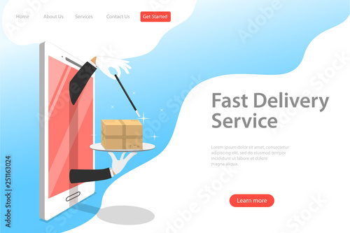 Isometric flat vector landing page template of fast delivery service, courier service, goods shipping, food online ordering.