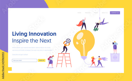 Businessman Lightbulb Idea Concept Landing Page. Innovation, Brainstorming, Creativity Concept Teamwork. Character Working Together on New Project Website or Web Page. Flat Cartoon Vector Illustration