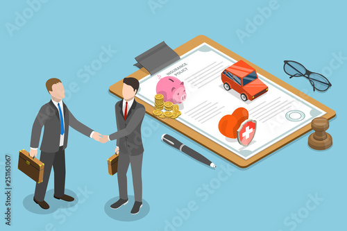 Isometric flat vector concept of insurance deal, policy, healthcare and medical service.