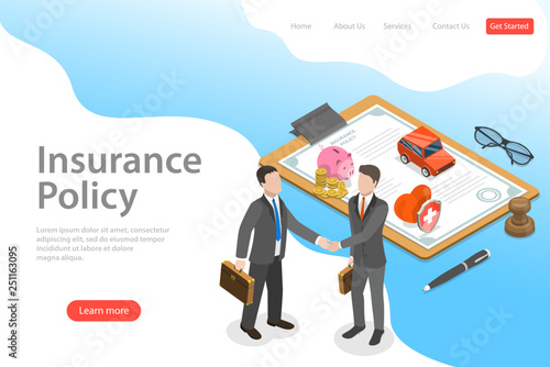 Isometric flat vector landing page template of insurance deal, policy, healthcare and medical service.