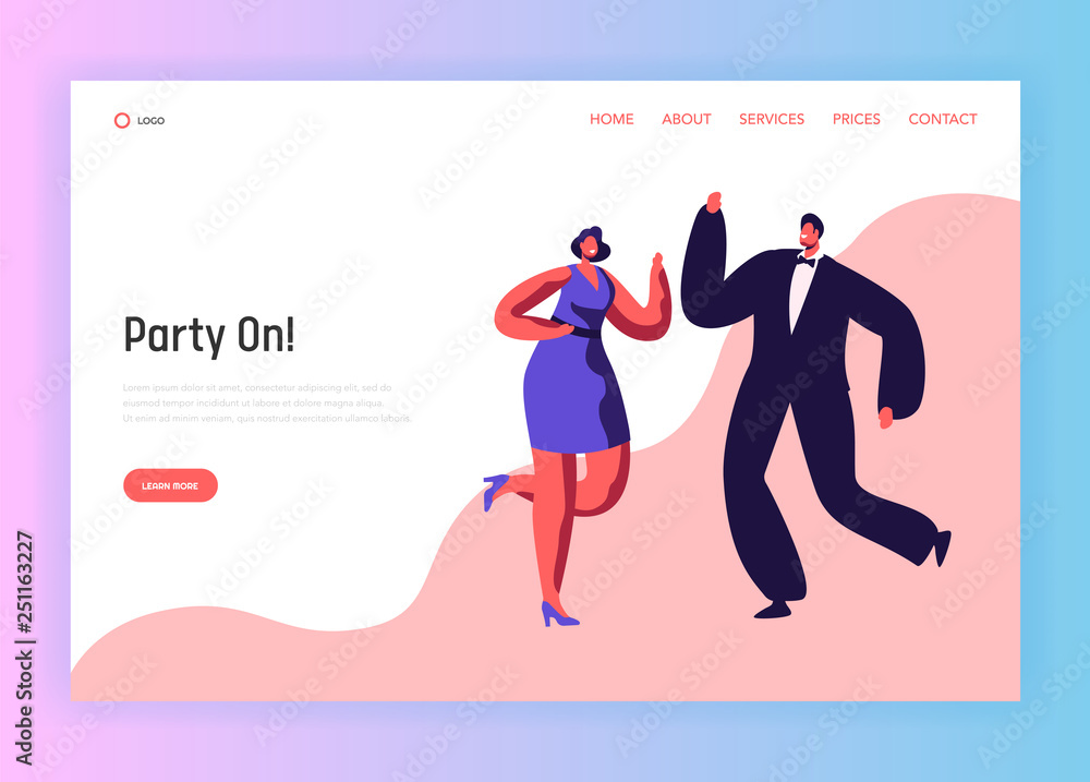 Dance Party Happy People Couple Landing Page. Merry Man Woman Character Celebrate Holiday Event. Nightclub Entertainment Good Mood Behavior Website or Web Page. Flat Cartoon Vector Illustration