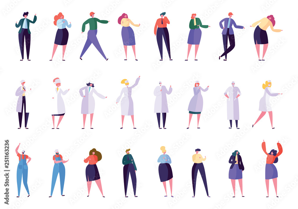 Creative Different Business Profession People Set. Business Character in Various Lifestyle: Director, Secretary, Manager, Doctor, Nurse, Foreman, Builder. Flat Cartoon Vector Illustration