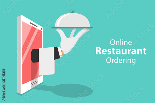 Flat isometric vector concept of table online reservation, mobile booking, food ordering and delivery.