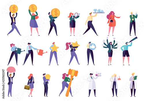 Various Profession People Career Advancement Set. Employee Work Hard for Success in Professional Activity. Different Character Manager, Scientist, Jeweler, Gardener. Flat Cartoon Vector Illustration