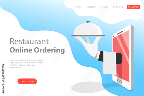 Flat vector landing page template of table online reservation, mobile booking, food ordering and delivery.