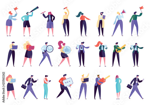 Corporate Business People Gadget Character Set. Businessman Work Isolated. Different Employee Team with Laptop. Businesswoman Community Stand Flat Cartoon Vector Illustration Collection