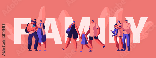 Happy Family Weekend Typography Poster. Dad Mother and Father Character on Holiday Banner. Parent Hug Kid on Advertising Card Template. Parenthood Horizontal Leaflet Flat Cartoon Vector Illustration